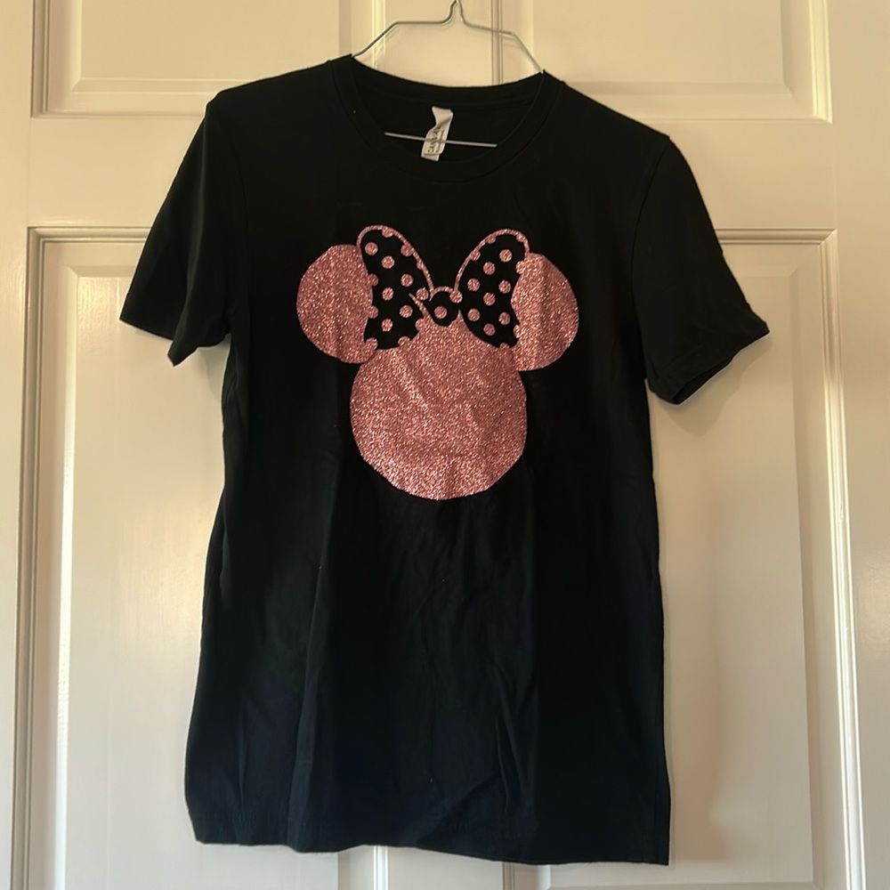 Disney Pink Sparkly Glitter Minnie Mouse Silhouette Black Mickey Shirt Rose Gold